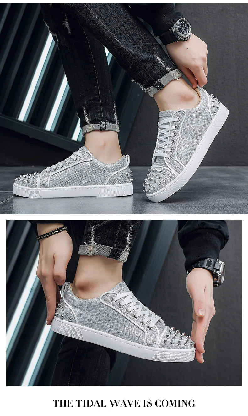 New Fashion Silver Trainers Glitter Spiky Shoes Men Lace Up Sneakers Low Top Shoes Red Sole Man Designer Sneaker With Spikes