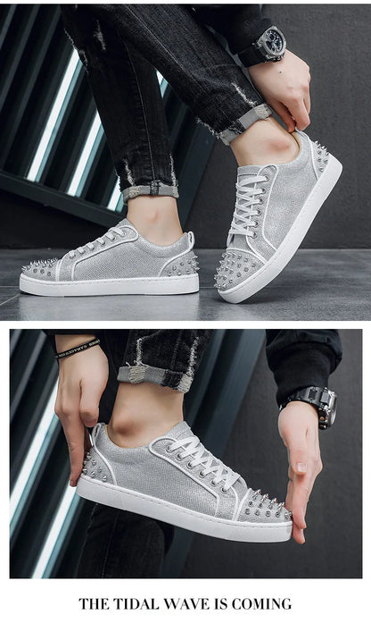 New Fashion Silver Trainers Glitter Spiky Shoes Men Lace Up Sneakers Low Top Shoes Red Sole Man Designer Sneaker With Spikes