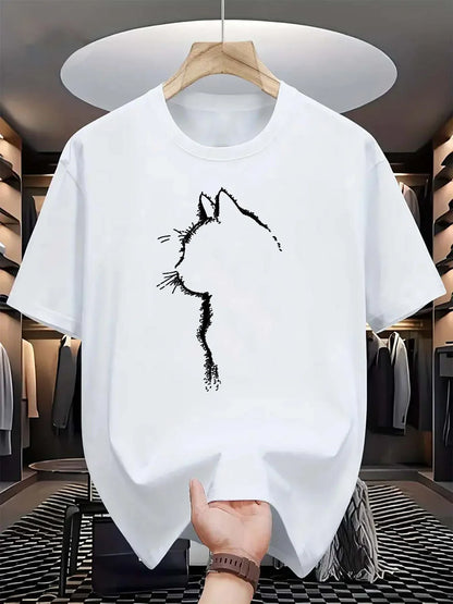 2026 New Summer Men's Quick-Dry Casual Sports T-Shirt Loose Cat Pattern Print Comfortable Crew Neck Short Sleeve T-Shirt Top