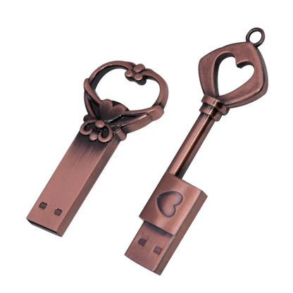 10pcs/lot Copper Love Heart Pen Drive 128GB Metal USB 2.0 Flash Drive 64GB Key Memory Stick Creative Gift Pendrive 64GB Storage