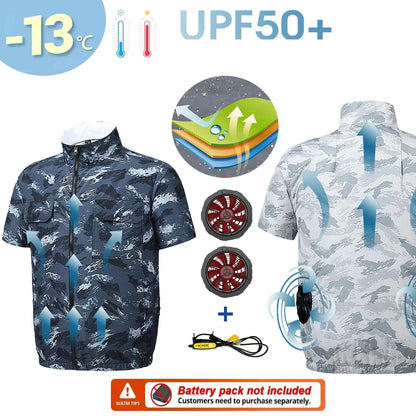 New Summer Men's Short Sleeve USB Fan Cooling Jacket for Outdoor Work Fishing, Cooling Vest for Heat Relief