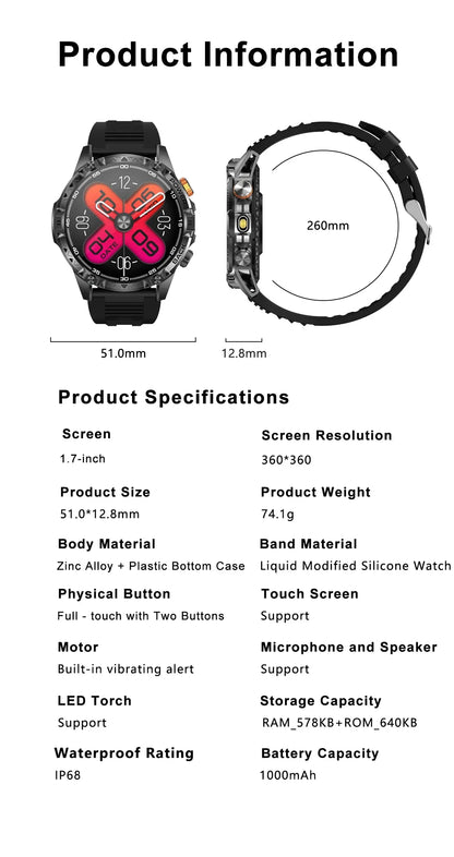 LIGE New Military For T-Rex 3 Ultra Smart Watch 1000mAh Battery IP68 Waterproof Compass Flashlight Sports Tracker Smartwatch Men
