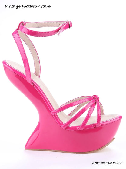 Candy Color Platform Strappy Sandals Novelty Round Open Toe Wedges High Heels Summer Women's Buckle Strap Party Prom Dress Shoes