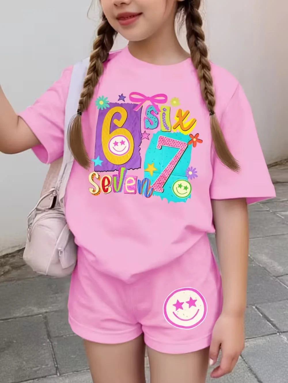 67 Six Seven Girls Clothes Cute Bows Flowers Print Girls Short Sleeve T-Shirt + Pants Set Casual Fashion Children's Clothes Tops