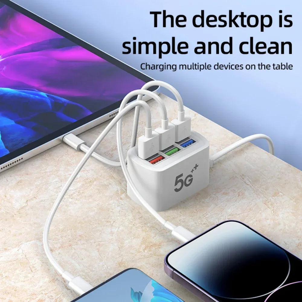 Fast USB Charger 6 in 1 Power Strip Desktop Charging Station Fast Charging 1m Cord USB HUB Adapter Socket for iPhone 16 15 Home