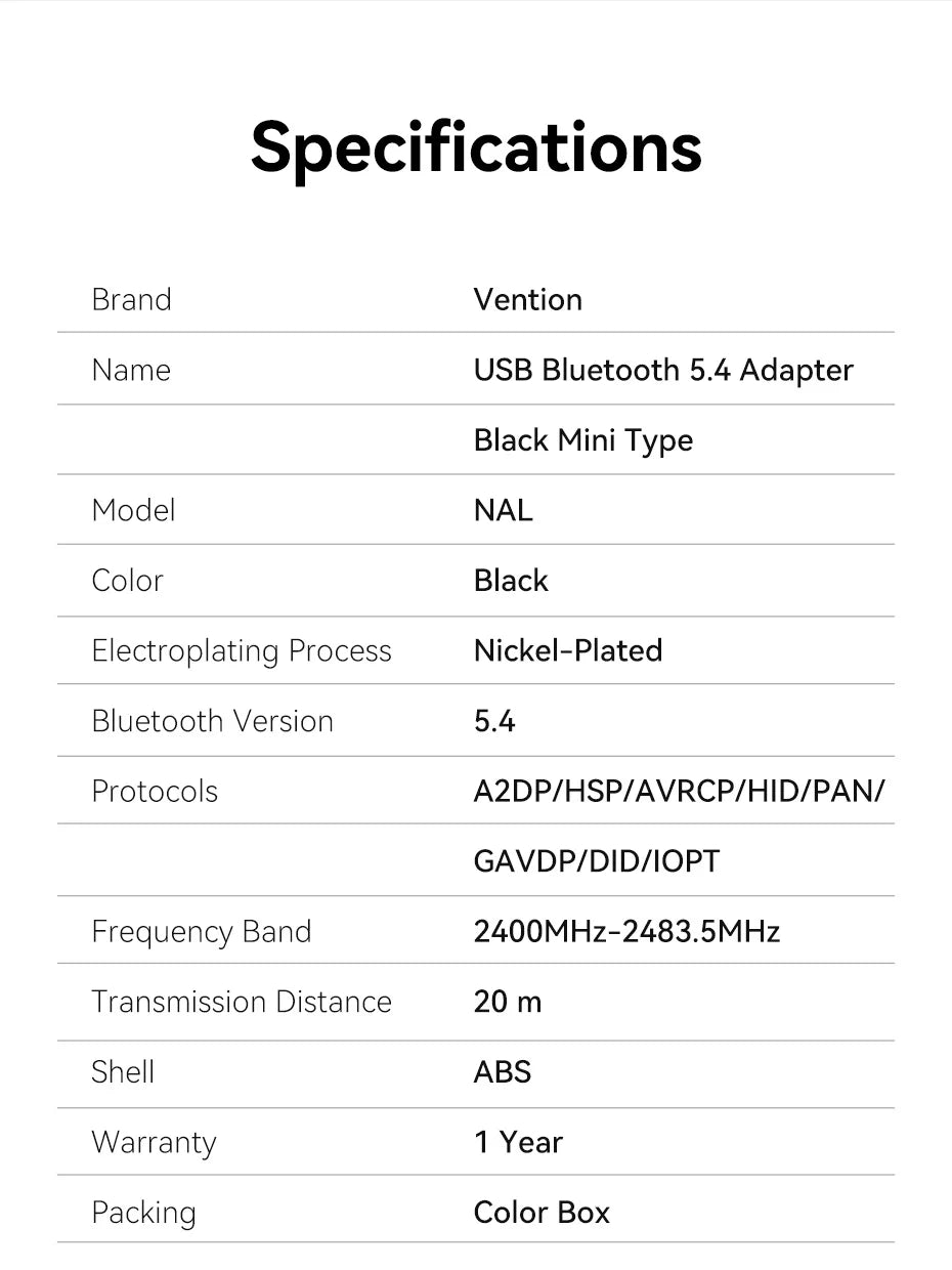 Vention USB Bluetooth Adapter 5.0 5.1 5.3 5.4 6.0 Dongle for PC Speaker Wireless Mouse Keyboard Music Audio Receiver Transmitter