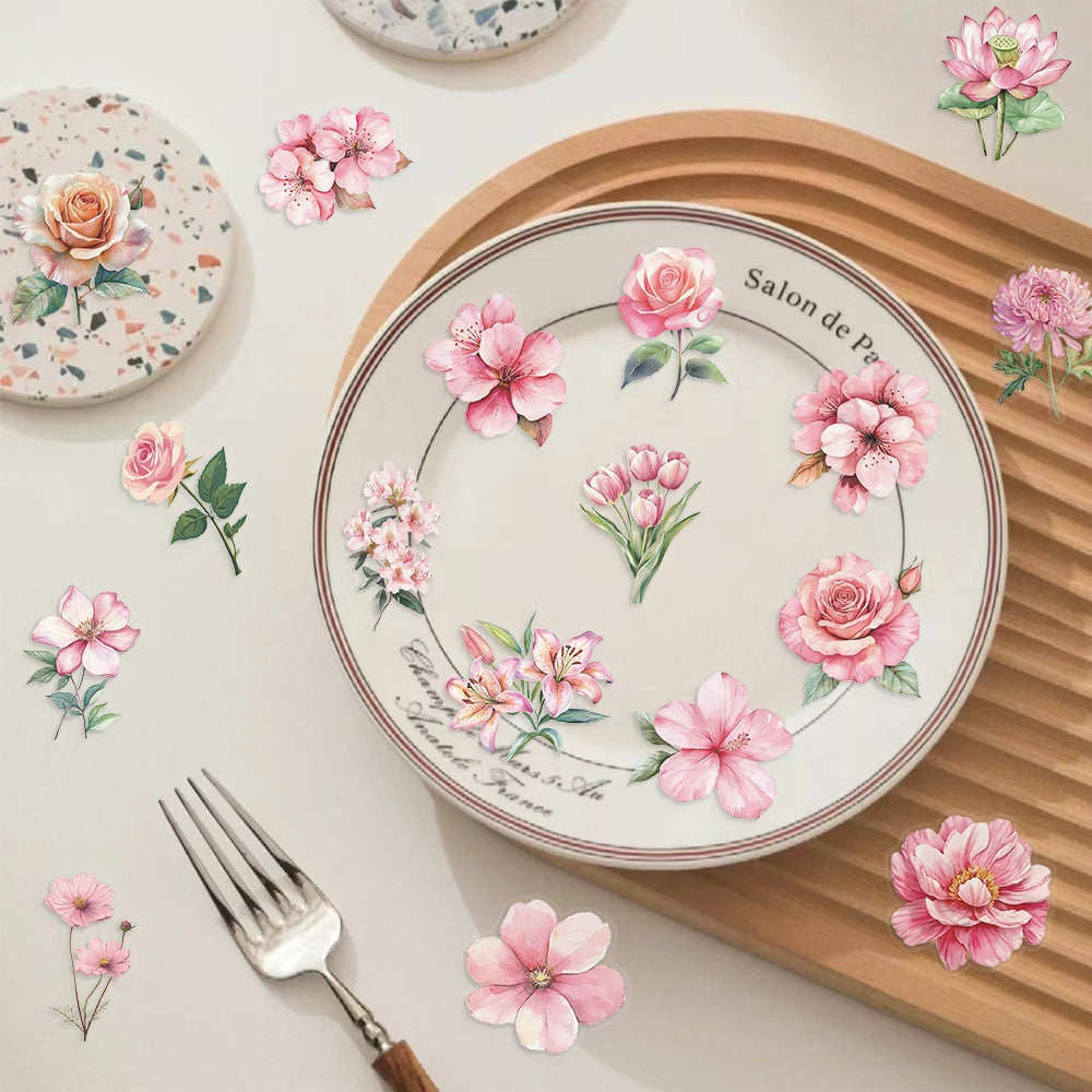 50pcs Pink Floral Stickers Flower Natural Journaling Notebook Water Bottle Decorative Decals Aesthetic Waterproof PET Sticker