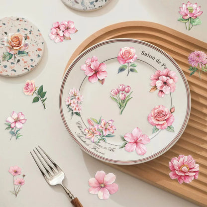 50pcs Pink Floral Stickers Flower Natural Journaling Notebook Water Bottle Decorative Decals Aesthetic Waterproof PET Sticker