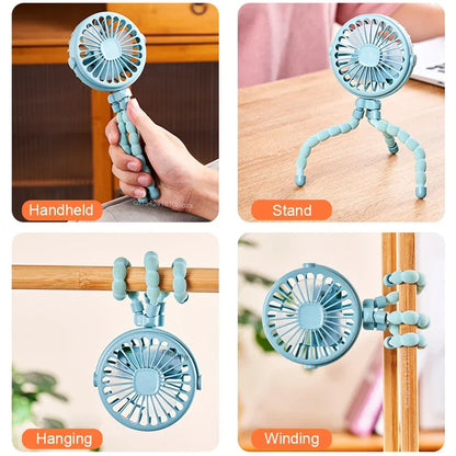 Portable Fan Mini Stroller Clip Fan USB Handheld Fan For Car Seat Bike 360° Rotate Flexible Octopus Stroller Fan Mini Car Fan