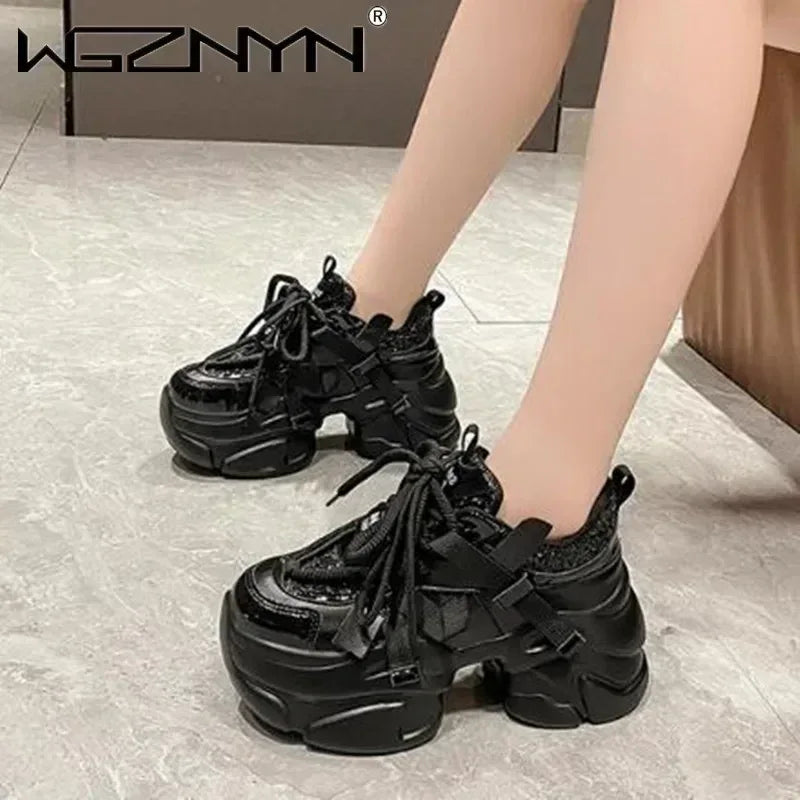 8CM Women Bling Red Chunky Sneakers Winter High Platform Warm Fur Shoes Ladies Wedges Casual Dad Shoes Leather Sports Sneakers
