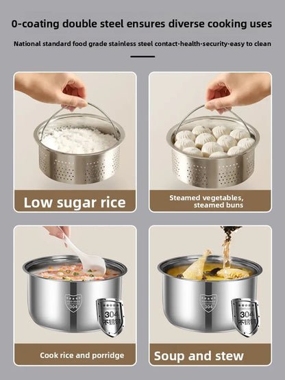 Low sugar rice cooker rice soup separation steaming 2-3L uncoated stainless steel rice cooker timer reservation