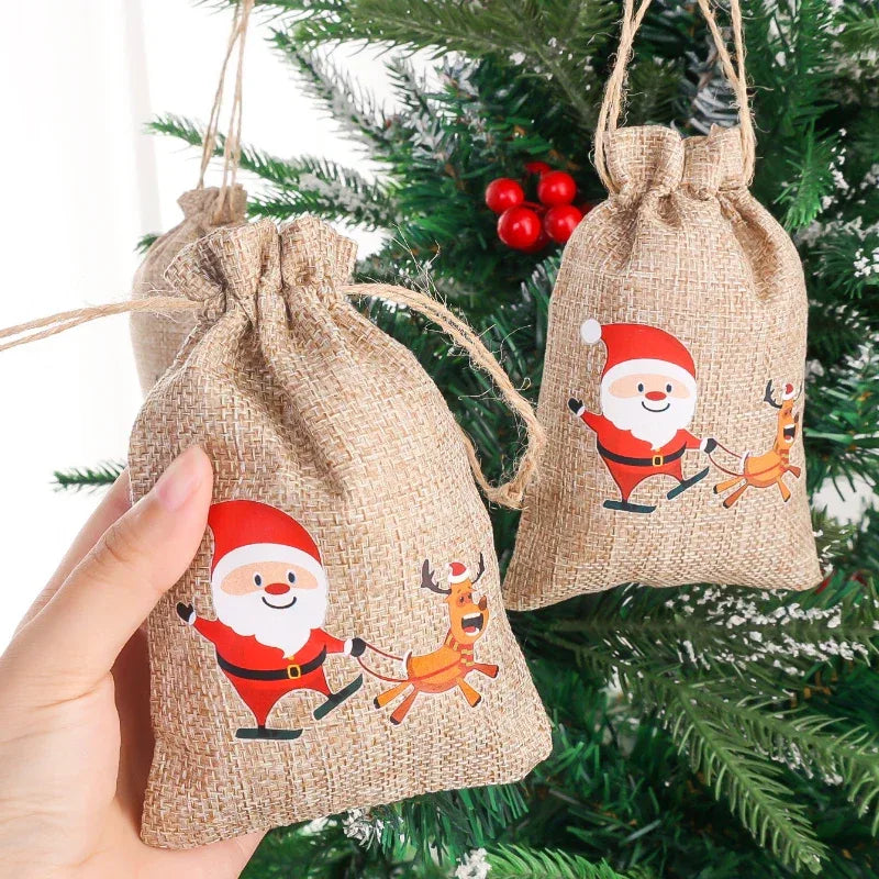 1/30PCS Christmas Linen Drawstring Bags Candy Biscuits Pouchs Burlap Bracelet Jewelry Storage Bags Xmas Kids Gift Packaging Bags