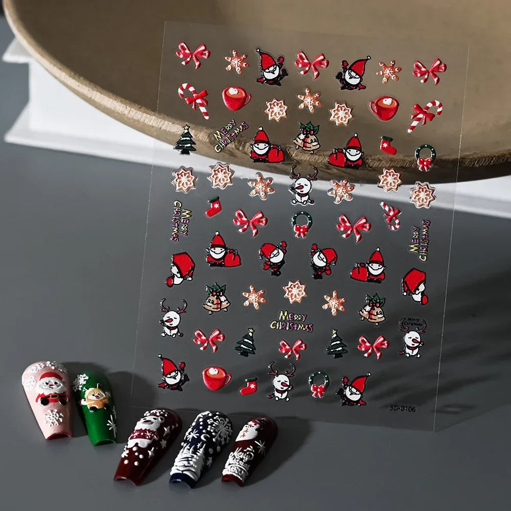1pc Christmas Nail Art Stickers 5D Winter Holiday Themed Nail Decor Santa/Snowflakes/Christmas Trees/Gingerbread Nail Supplies *