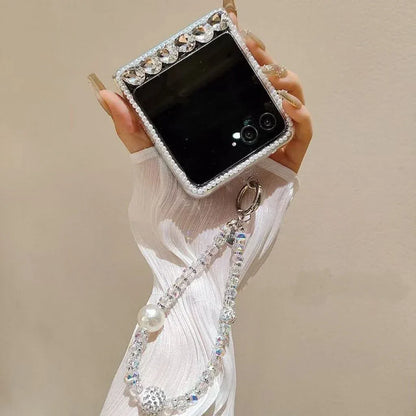 Luxury Crystal Pearl Elegant Butterfly Diamond Strap Phone Case Cover For Motorola Razr 50 60 40 Moto 2023 2024 2025 Plus Ultra