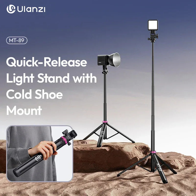 Ulanzi MT-89 2M Quick-Release Light Stand with Cold Shoe Mount 8-Section Extend for Action Camera Phone Clamp Photograph Tripod