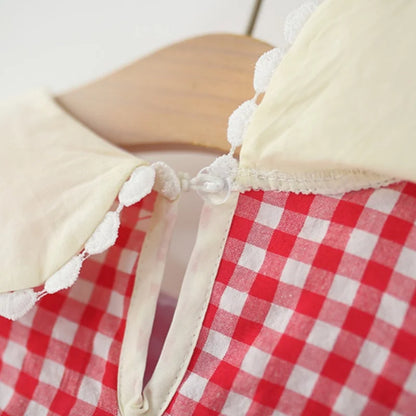 Girls Dresses Summer Cotton Red Checkered Bow Sleeveless Baby Girl Dress Cartoon Casual Beach Baby Clothing