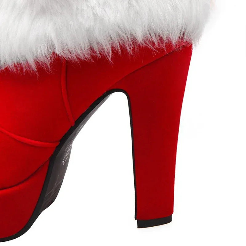 Winter Women Boots Christmas Ankle Boots High Heels Ladies Shoes Femme Warm Short Boots Red Black Shoes  Size 35-43