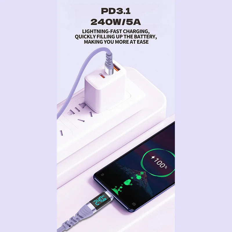 240W USB C Cable with Digital Display PD3.1 Fast Charging Cord for iPhone 17/1615 Pro Max Huawei Xiaomi iPad Laptop