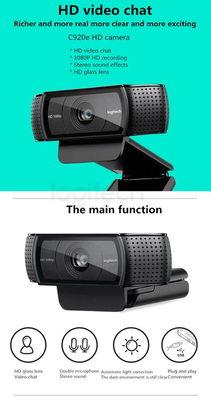 Logitech C920e HD Pro Webcam Widescreen Video Chat Recording USB Smart 1080p Web Camera For Computer C920 Upgrade Version CMOS