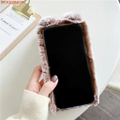 Soft Plush Phone Case For Xiaom Poco C85 C75 C71 C65 C61 C55 C51 C50 C40 C31 C3 Warm Winter Furry Rabbit Bunny Fur Cover