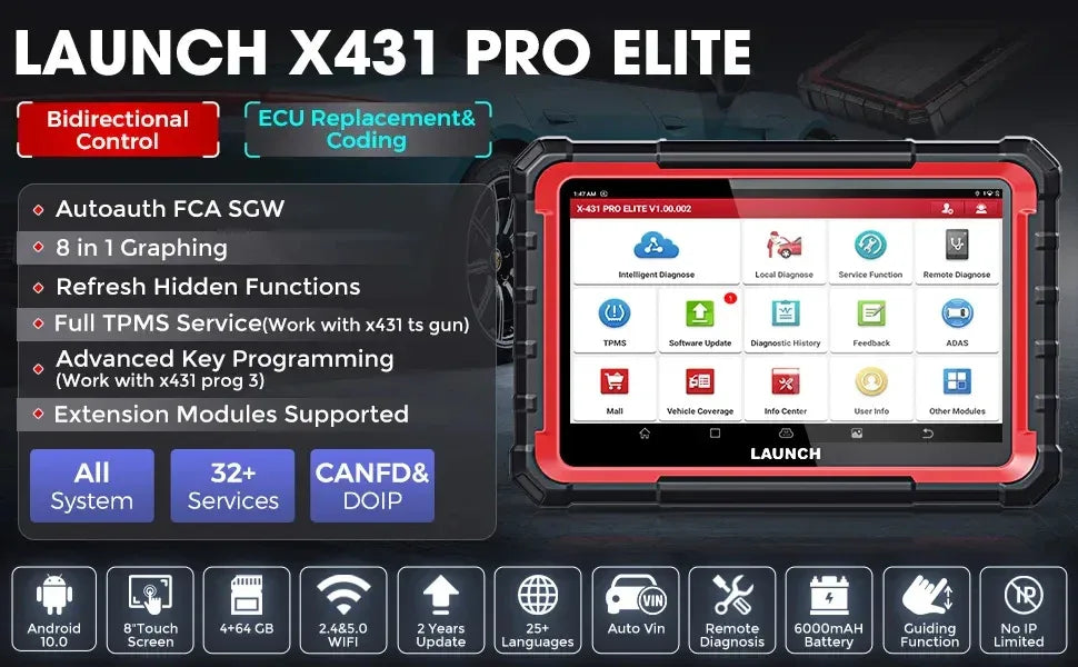 LAUNCH X431 PRO ELITE 8 inch Car Diagnostic Tools Auto OBD OBD2 Scanner All System CAN FD/DOIP Active Test 31 Reset ECU Coding