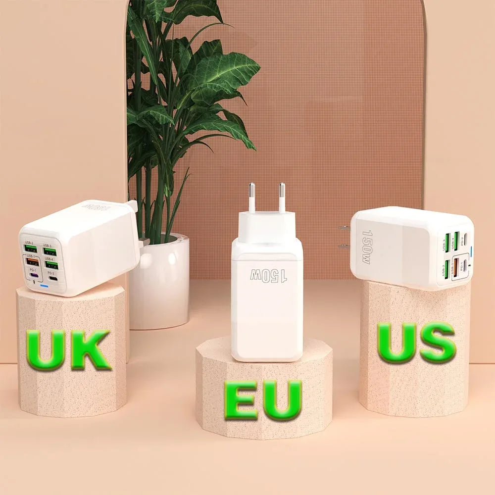 150W Multi Port USB Charger 6 Ports Fast Charge Phone Charger Wall Adapter For iPhone Samsung Xiaomi EU/US/UK Plug Quick Charger