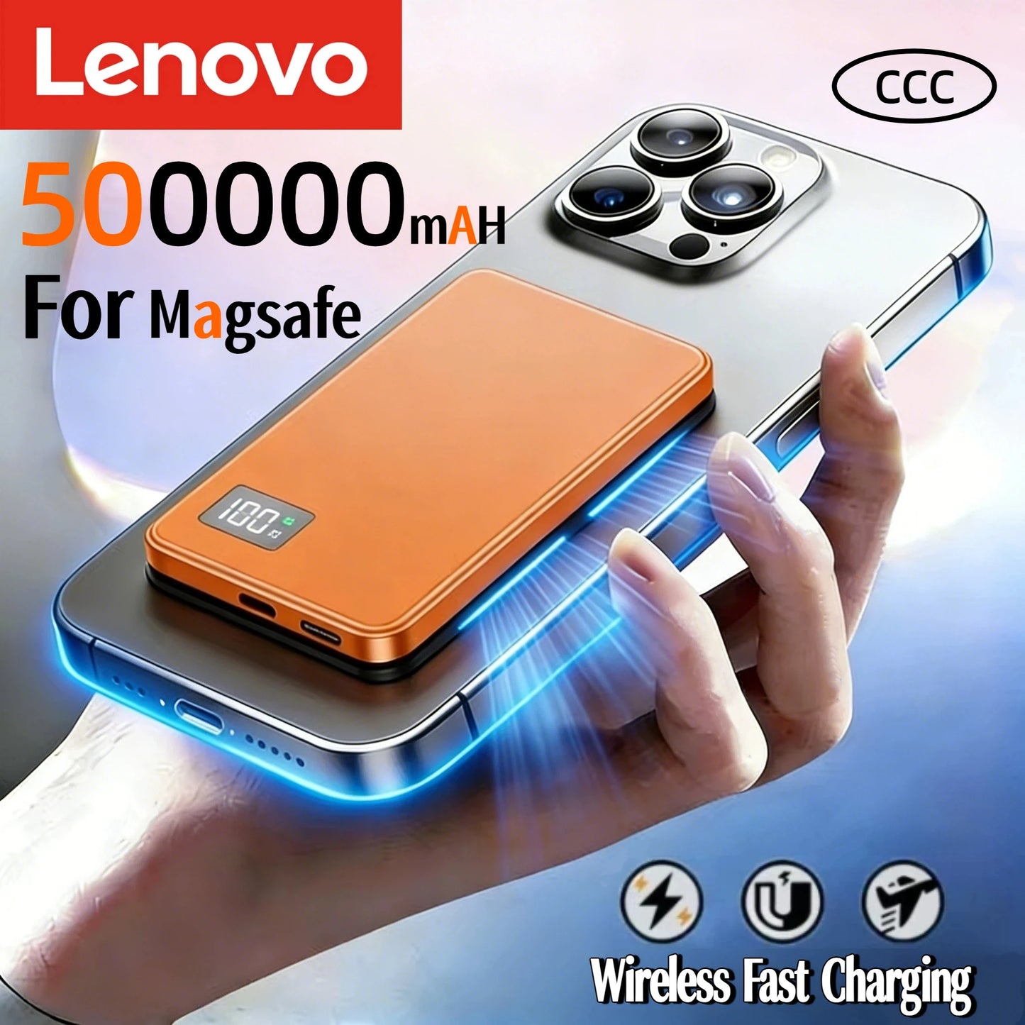 Lenovo Ultra-thin 500000mAh Mobile Power Bank For MagSafe Magnetic Wireless Fast Charge Portable LED Display For iPhone Xiaomi
