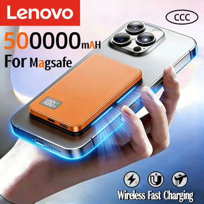 Lenovo Ultra-thin 500000mAh Mobile Power Bank For MagSafe Magnetic Wireless Fast Charge Portable LED Display For iPhone Xiaomi