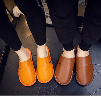 Cotton slippers for men and women at home anti slip and warm indoor Home leather cowhide slippers in winter 2023