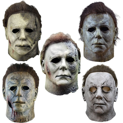 Halloween Michael Myers Mask Scary Killer Full Head Mask Creepy Fire Burn Scar Latex Face Mask Cosplay Costume Party Props Knife