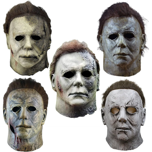 Halloween Michael Myers Mask Scary Killer Full Head Mask Creepy Fire Burn Scar Latex Face Mask Cosplay Costume Party Props Knife