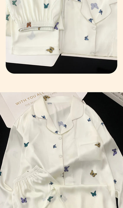 French Elegant Romantic Butterfly Print Women Pajamas Simple Ins Literary Aesthetics Sleepwear 2024 Fall Winter New Y2k Lounges