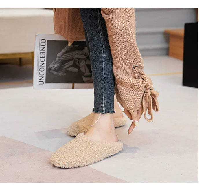 Big Size 43 Women Lambswool Slippers Winter Sheep Fur Shoes Ladies Flat Cotton Slides Home Pantuflas Daily Slip On Furry Mules