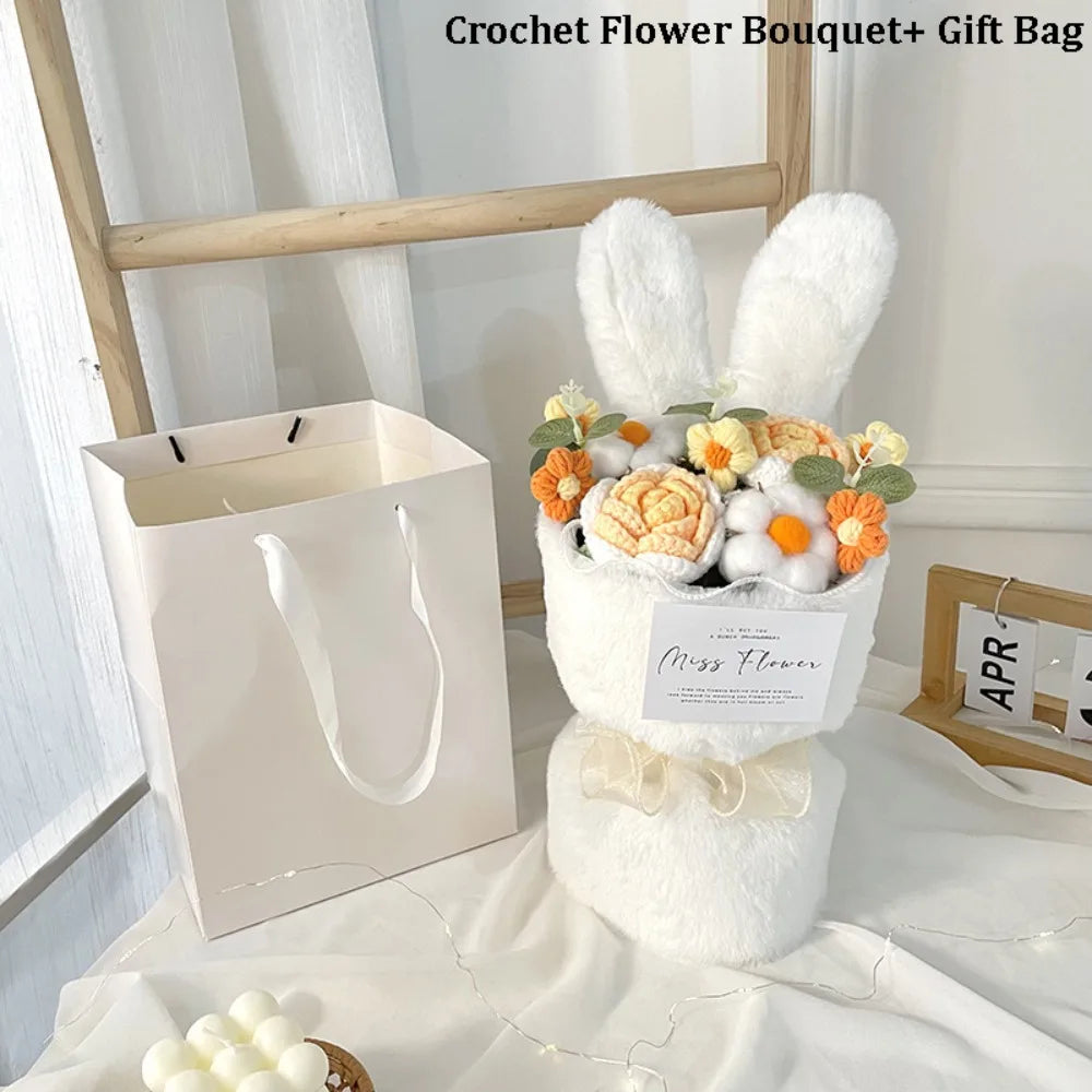 Rabbit Ears Crochet Flower Bouquet Handmade Completed Flower Bouquet with Gift Bag Creative Knit Rose Bouquet for Mother's Day