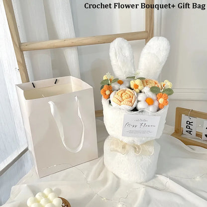 Rabbit Ears Crochet Flower Bouquet Handmade Completed Flower Bouquet with Gift Bag Creative Knit Rose Bouquet for Mother's Day
