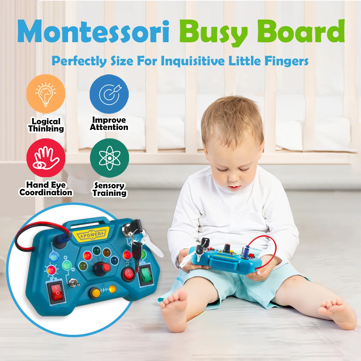 Kids Montessori Busy Board, Early Educational Toy, Perfect Travel & Gift for Toddlers