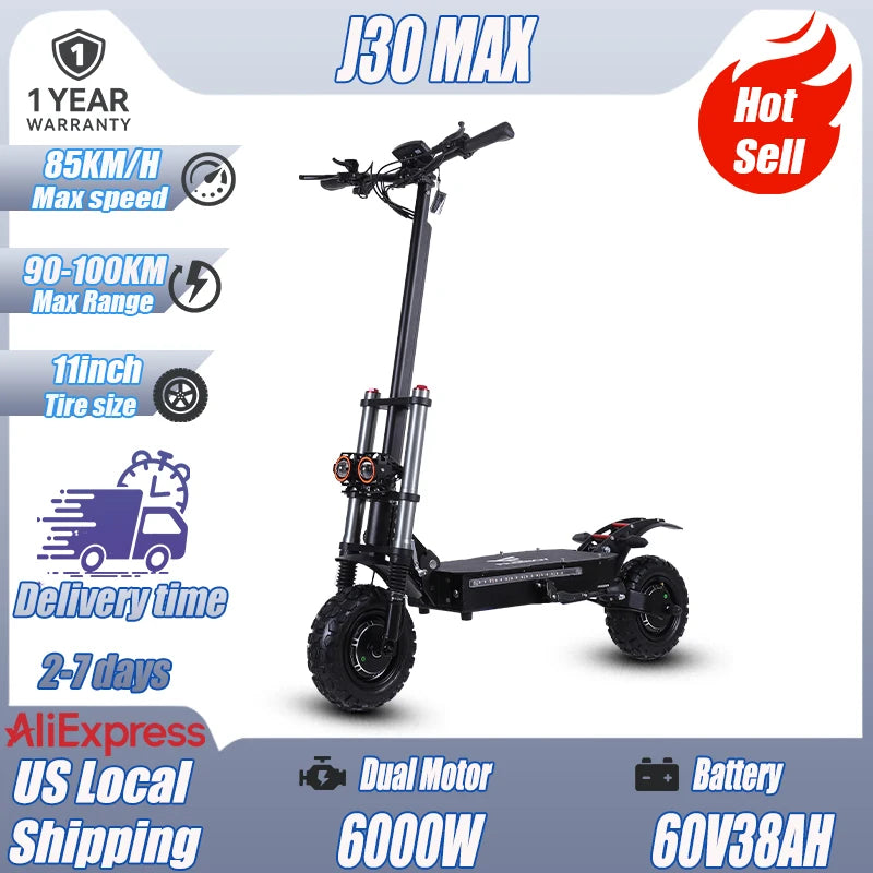 J30 MAX Electric Scooter Dual 3000W Motors 60V38Ah Battery 11" Off Road Tire 85KMH Top Speed 100KM Range 440lbs Load Disc Brakes