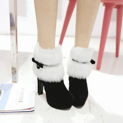 Winter Women Boots Christmas Ankle Boots High Heels Ladies Shoes Femme Warm Short Boots Red Black Shoes  Size 35-43