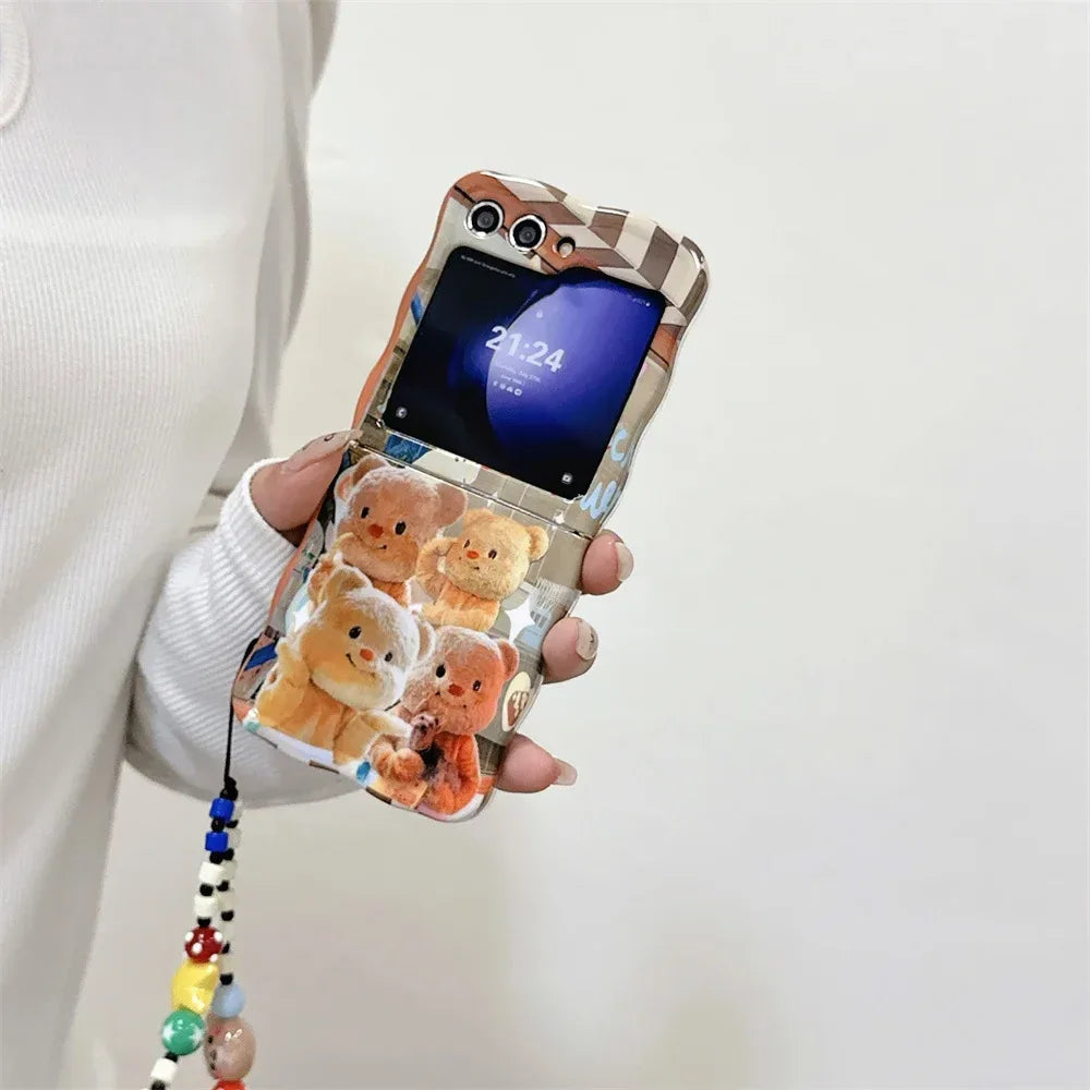 Cartoon Cute Bear Wave Border Phone Case for Samsung Galaxy Z Flip 5 4 3 Zflip5 Flip3 ZFlip4 Star Bracelet Shockproof Lens Cover