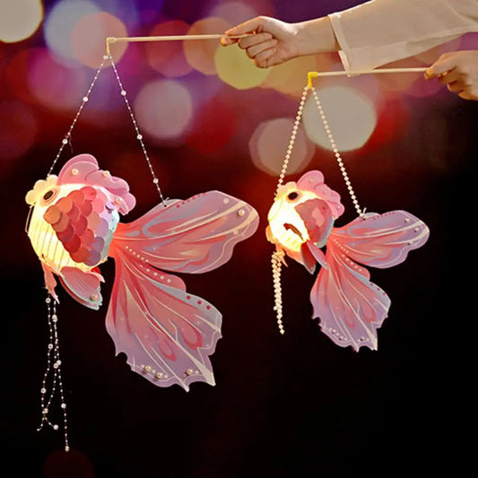 1 Set Goldfish Paper Lantern with Pole DIY Handmade Lantern Chinese New Year Mid-Autumn Festival Fish Night Light Material Bag