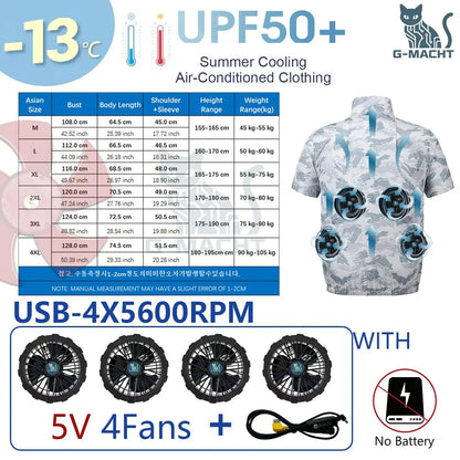 G-MACHT Men Short Sleeve 4Fans Cooling Jacket USB Air Conditioning Clothing Outdoor Work Fishing Heat Protection Cooling Vest