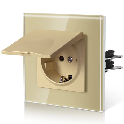 BSEED EU Standard Wall Electric Socket With Cover 16A Bathroom Power Sockets Outdoor Outlet Waterproof Glass Panels E Series