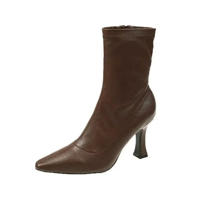 Women High Heel Short Leather Boots  New Boots Female Pointed Thin Heel Boots Ladies Ankle Short Boots Botas De Mujer 2024