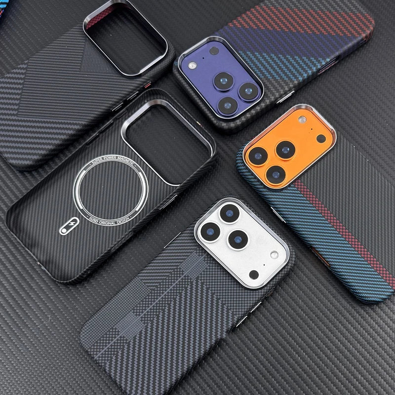 Carbon Fiber Texture Magnetic Armor Case For iphone 17 17Pro Max 16 Pro 15 14 13 Ultrathin Alloy Lens Wireless Charge Hard Cover