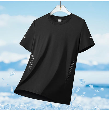Summer Mesh Sports T-Shirt Men Quick-Drying Breathable Loose Ice Silk Short Sleeves Men Jogging Hiking Round Neck Sports T-shirt