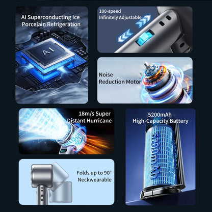 5200mAh Large Capacity Handheld Fan High Speed Refrigeration Handheld Fan 100 Speed  USB Charging Portable Fan