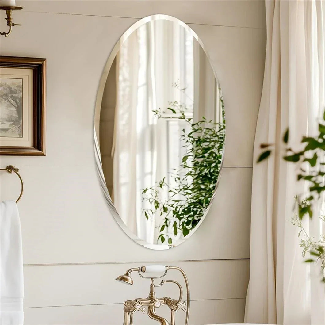 Frameless Oval Wall Mirror High Definition Elliptical Vanity Mirror with Beveled Silver Edge for Bathroom Bedroom Livingroom