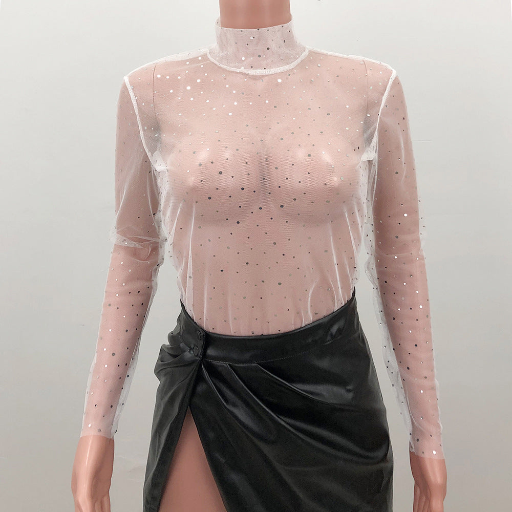 Summer Sexy Lace Mesh Sheer T Shirt Women Transparent Tops Turtleneck See Through Cover Up  Long Sleeve Shine Rhinestone Crops
