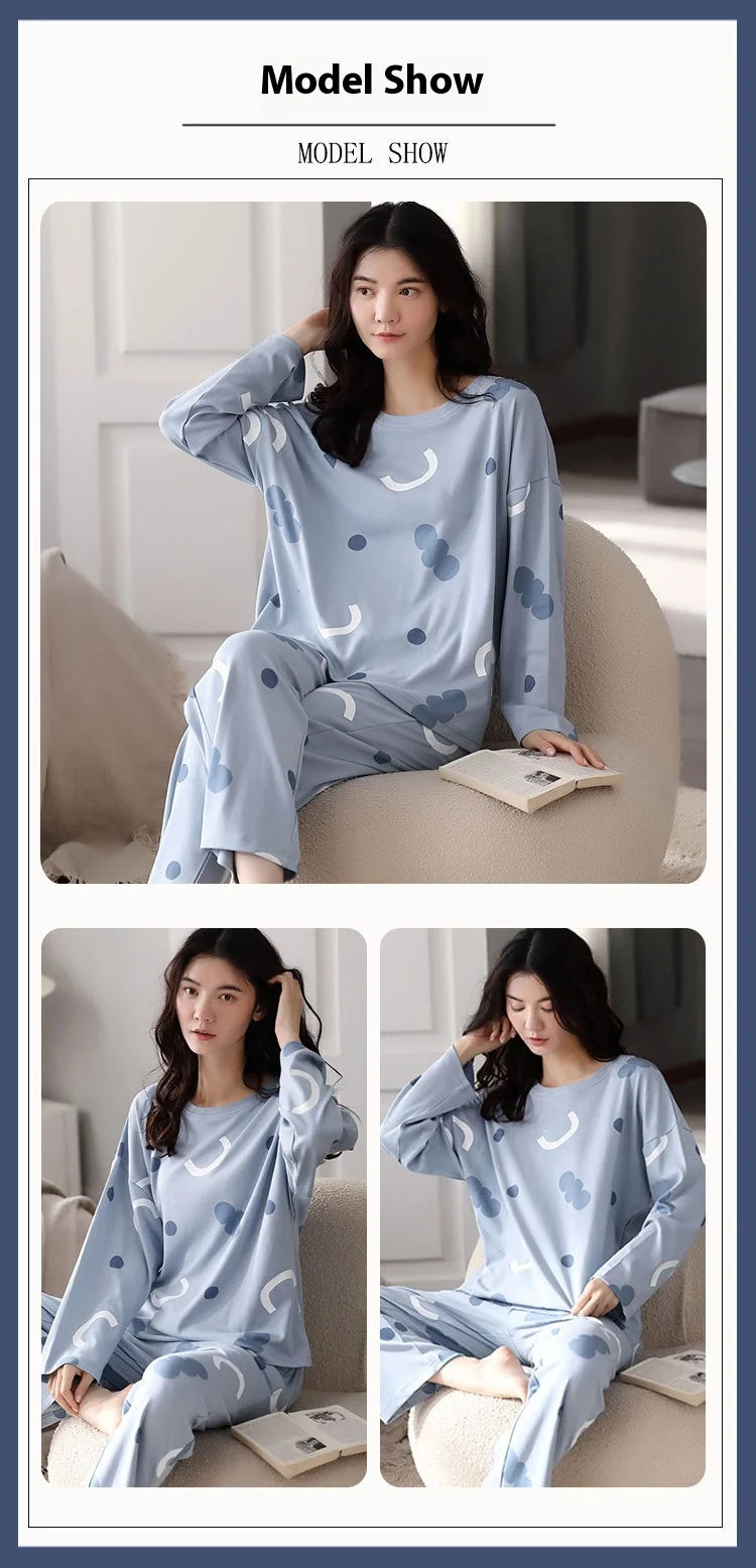 Long-Sleeved Pyjamas Women's Autumn and Winter Cotton Round Neck Fashion Soft Casual Breathable Cute Cartoon Loungewear Outside