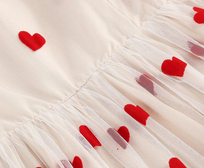 Knot Strap Strawberry Patchwork Vintage Dress 2025 Heart Flocking Valentine's Day Dress Women Birthday Party Pleated Mesh Dress